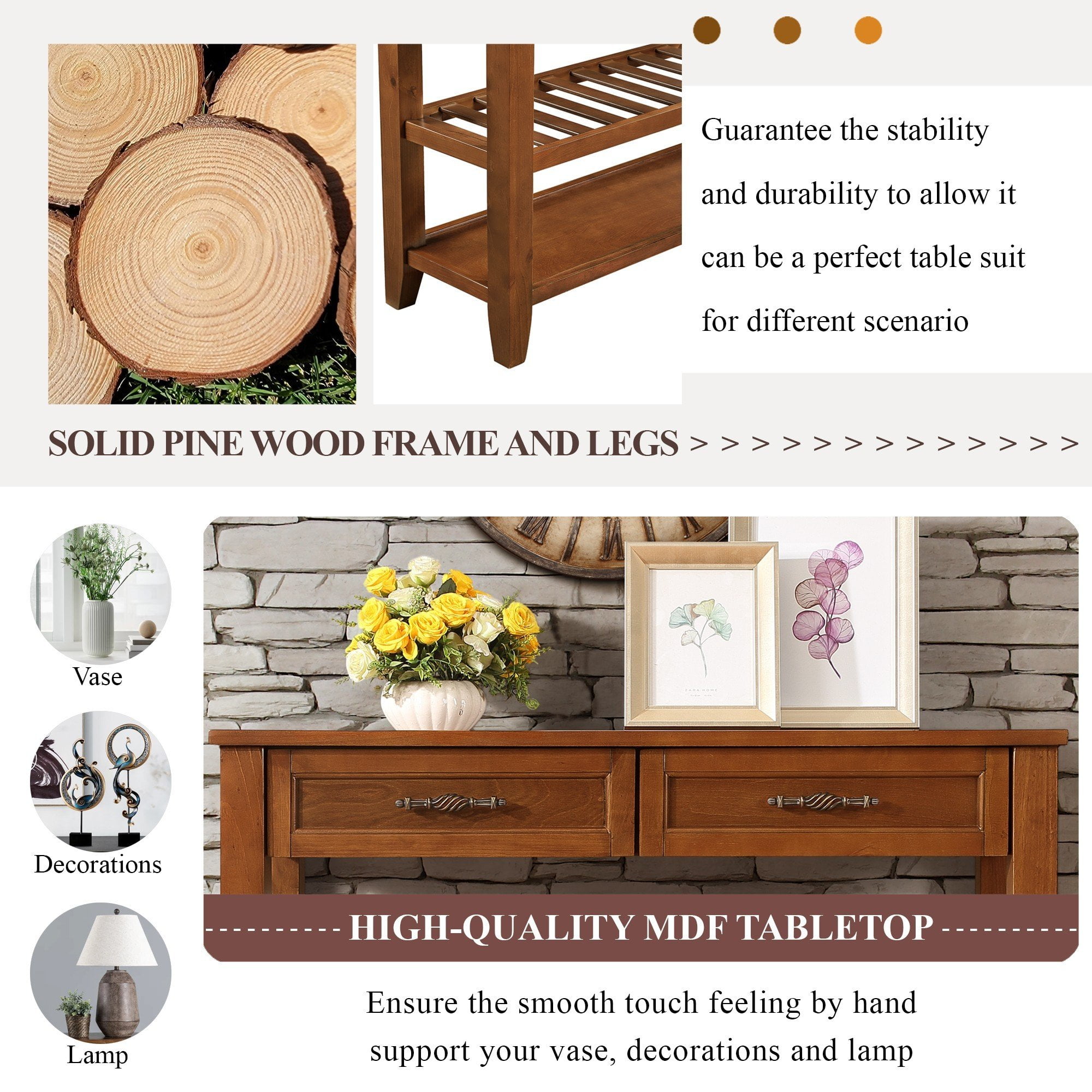 42 Inch Solid Wood Mid-Century Console Table with 2 Drawers & Shelves – Entryway Sofa Table, Sideboard,Brown