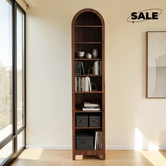 GZXS 8-Tier Bookcase, 70" Tall Bookshelf with Arched Top, Freestanding Display Rack for Living Room, Bedroom, Walnut