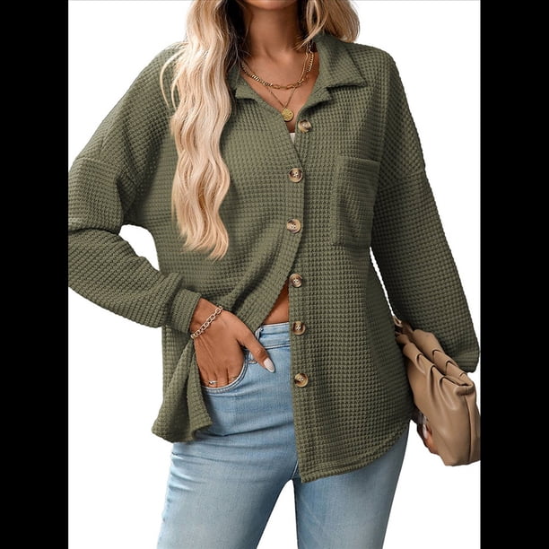 Camisas de Punto Gofre con Botones para Mujer, Chaqueta Informal de Larga, Blusas Estilo Boyfriend, Corte Holgado Verde M