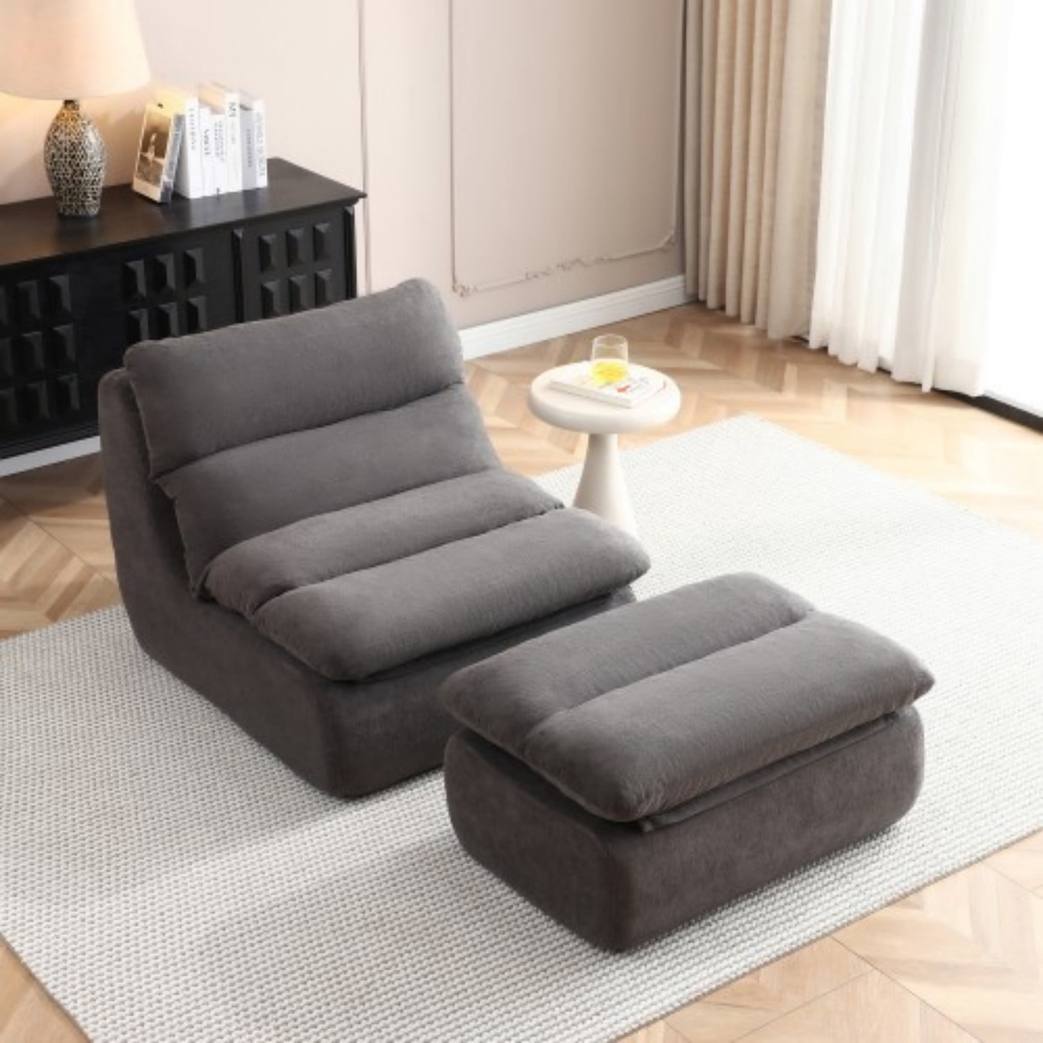 32" Bean Bag Chair with Ottoman, Tufted Upholstered Chaise Lounge Chair for Adults, High Density Foam Lazy Sofa with Footrest for Living Room, Bedroom, Gaming Room & Dorm, Grey