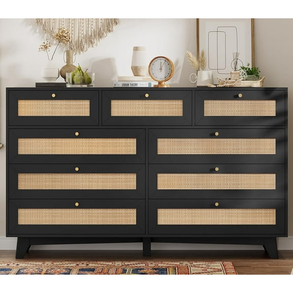AOGLLATI Black Rattan Dresser for Bedroom with 9 Drawer, Modern Double Wooden Long Bedroom Dresser, Chest of Drawers with Metal Handle & Solid Wood Legs for Bedroom/Living Room, Black