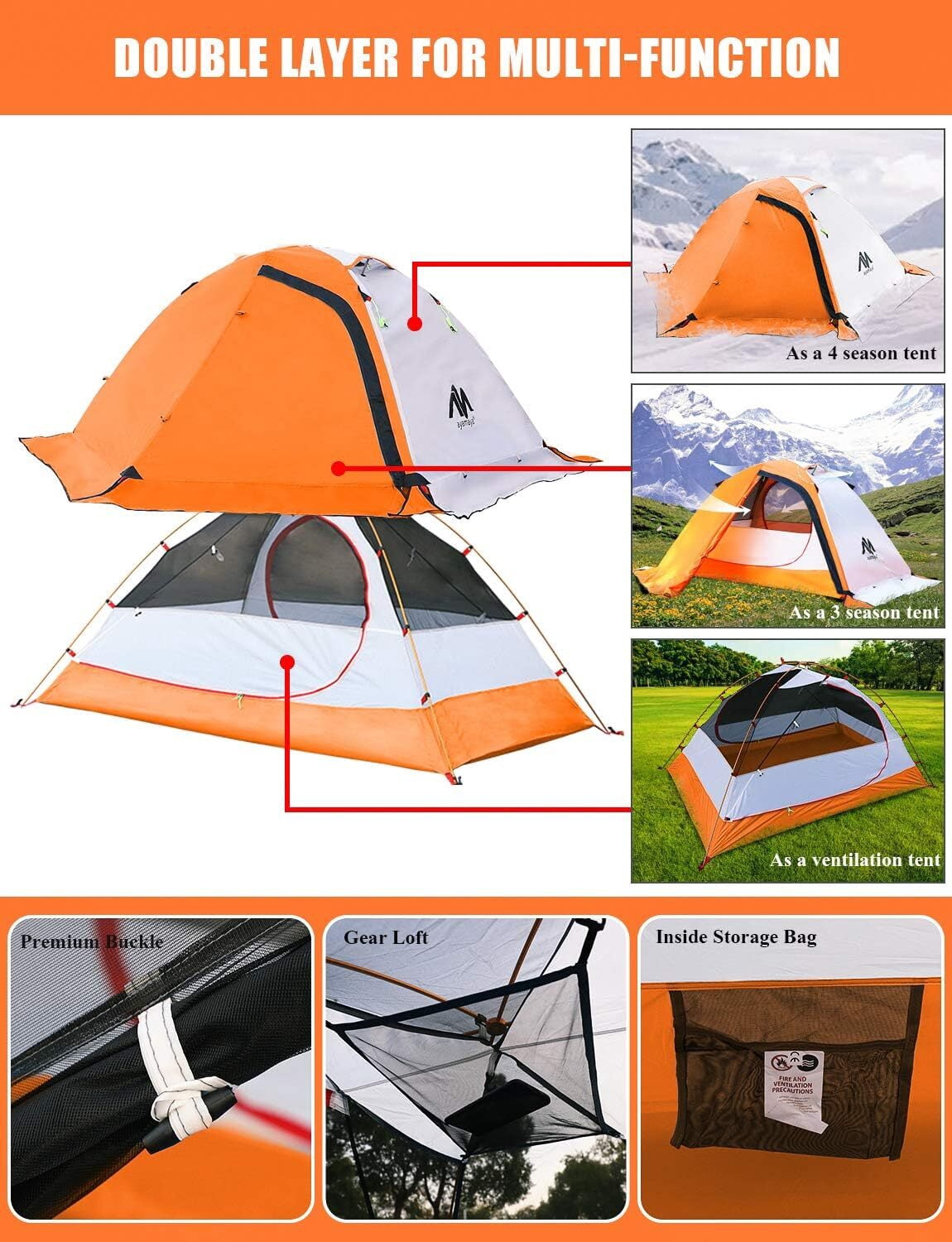 IC ICLOVER 4 Season Backpacking Tent for 2 Person Ultralight Waterproof All Weather Double Layer Camping Tents for Backpacker Outdoor Hiking Survival - Orange