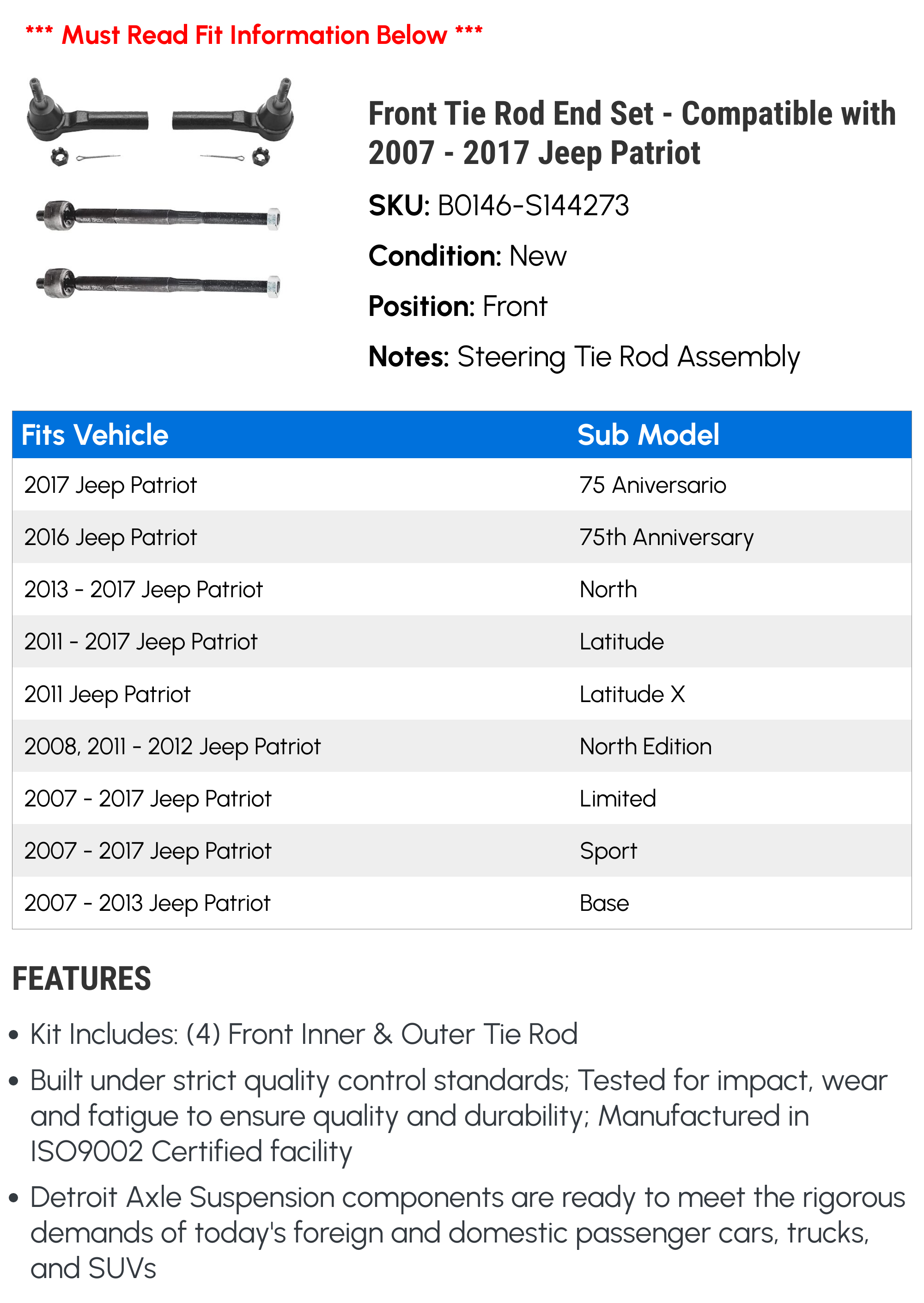 Motaquip Track Tie Rod End Pair – For Jeep Patriot 2007-2017 – Left & Right
