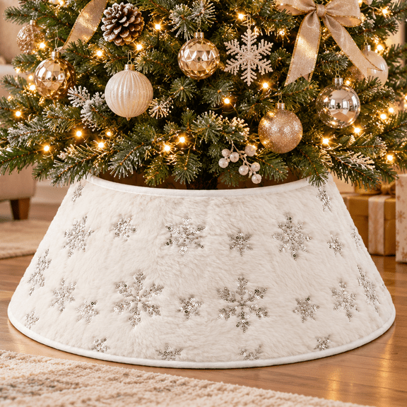 LOMYOLO 24 Inch Plush Christmas Tree Collar with Silver Sequin Snowflakes, Round Christmas Tree Collar Sparkling Tree Base Cover, Glitter Holiday Tree Skirt for Christmas Trees, Xmas Party Home Decor