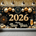 thumbnail image 5 of Gold Silver Theme Happy New Year Banner Festive Style 2026 New Year Display Decorative Ornaments Clock New Year Backdrop for New Year Party Holiday Celebration Indoor Decoration, 5 of 9
