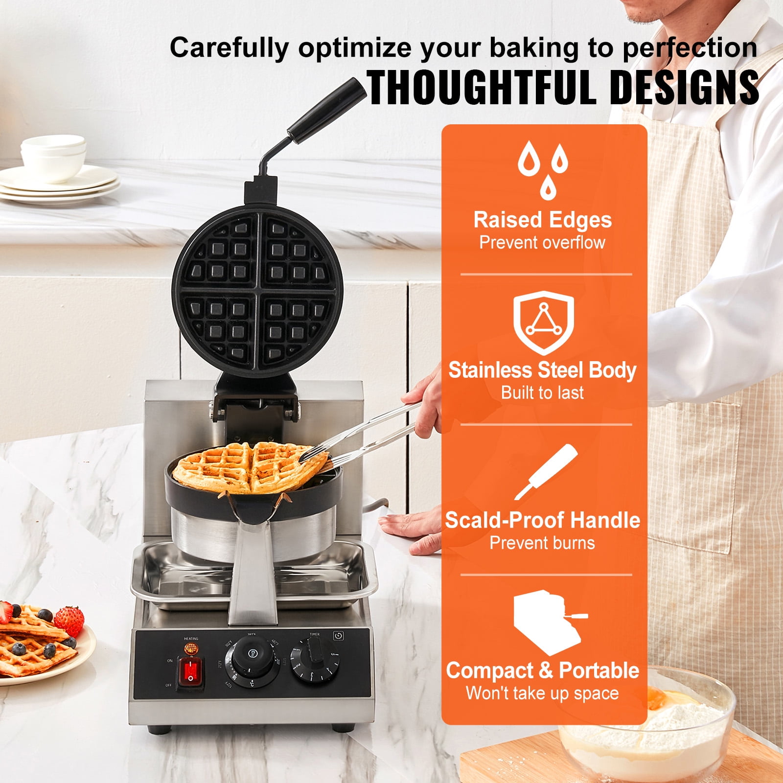 KFFKFF 1300W Rotatable Non-Stick Waffle Iron 120V Commerical Round Waffle Maker