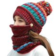 thumbnail image 2 of HESHENG 3Pcs Women Winter Plush Knitted Hat Beanie Scarf Face Cover Set, Warn Pom Hat for Outdoor Cycling Skiing Shopping, Wine Red, 2 of 3