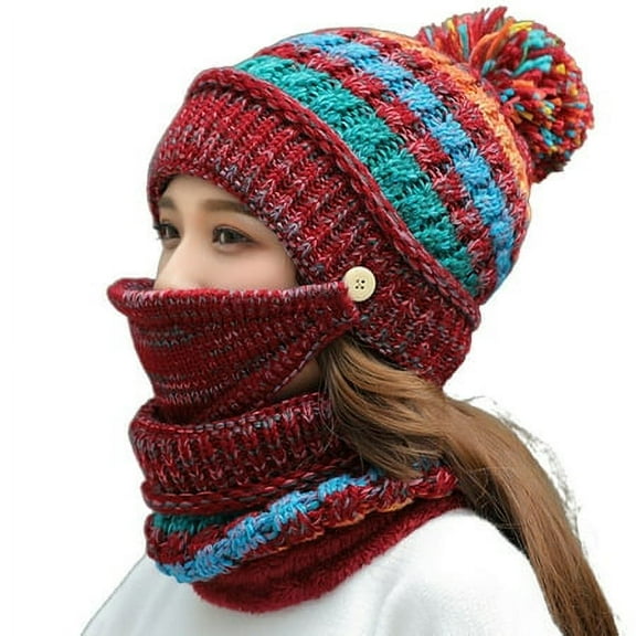 HESHENG 3Pcs Women Winter Plush Knitted Hat Pom Beanie with Scarf Face Cover Set Outdoor Cycling Warm Set