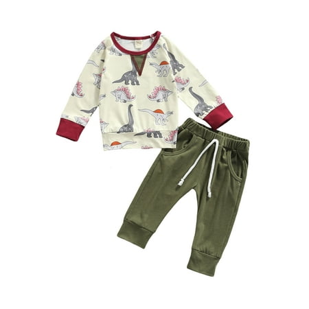 

Canrulo Newborn Baby Boy Long Sleeve Dinosaur Sweatshirt Tops Pants 2Pcs Winter Outfits Beige 12-18 Months