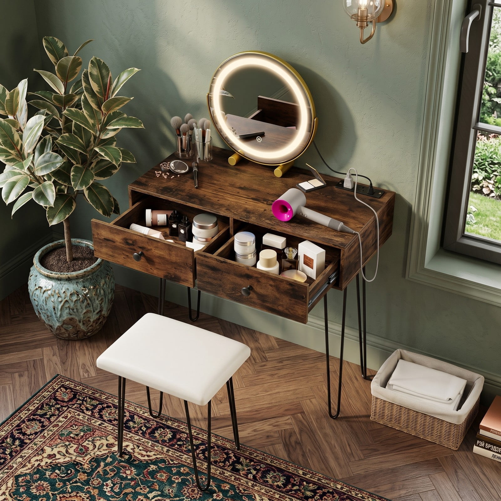 Furnibear Vanity Desk with Lighted Adjustable Mirror, Makeup Dressing Table with 2 Drawers, Outlets and Cushioned Stool for Bedroom, Rustic Brown