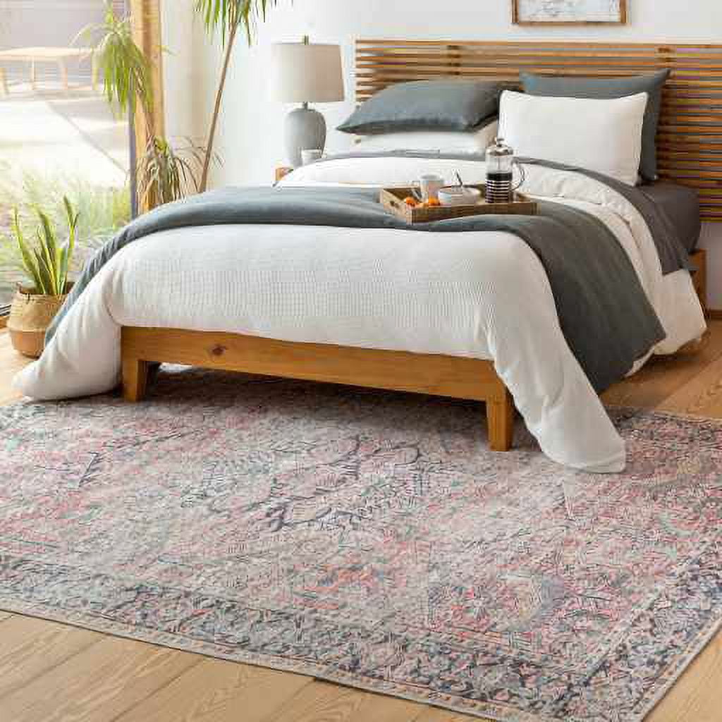 Hauteloom Kemer Machine Washable Area Rug for Living Room - Vintage Distressed Faded - Oriental Bohemian Traditional Bordered Carpet -Pet Friendly- Pink, Light Red, Blue - 7'6" x 9'6"