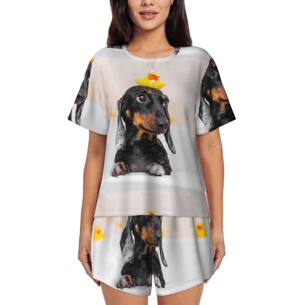 Fotbe Dachshund Sitting in Bathtub Conjunto de Pijama Estampado para Mujer, 2 Piezas, Ropa de Dormir con Camiseta de Manga Corta y Shorts Suaves-Small