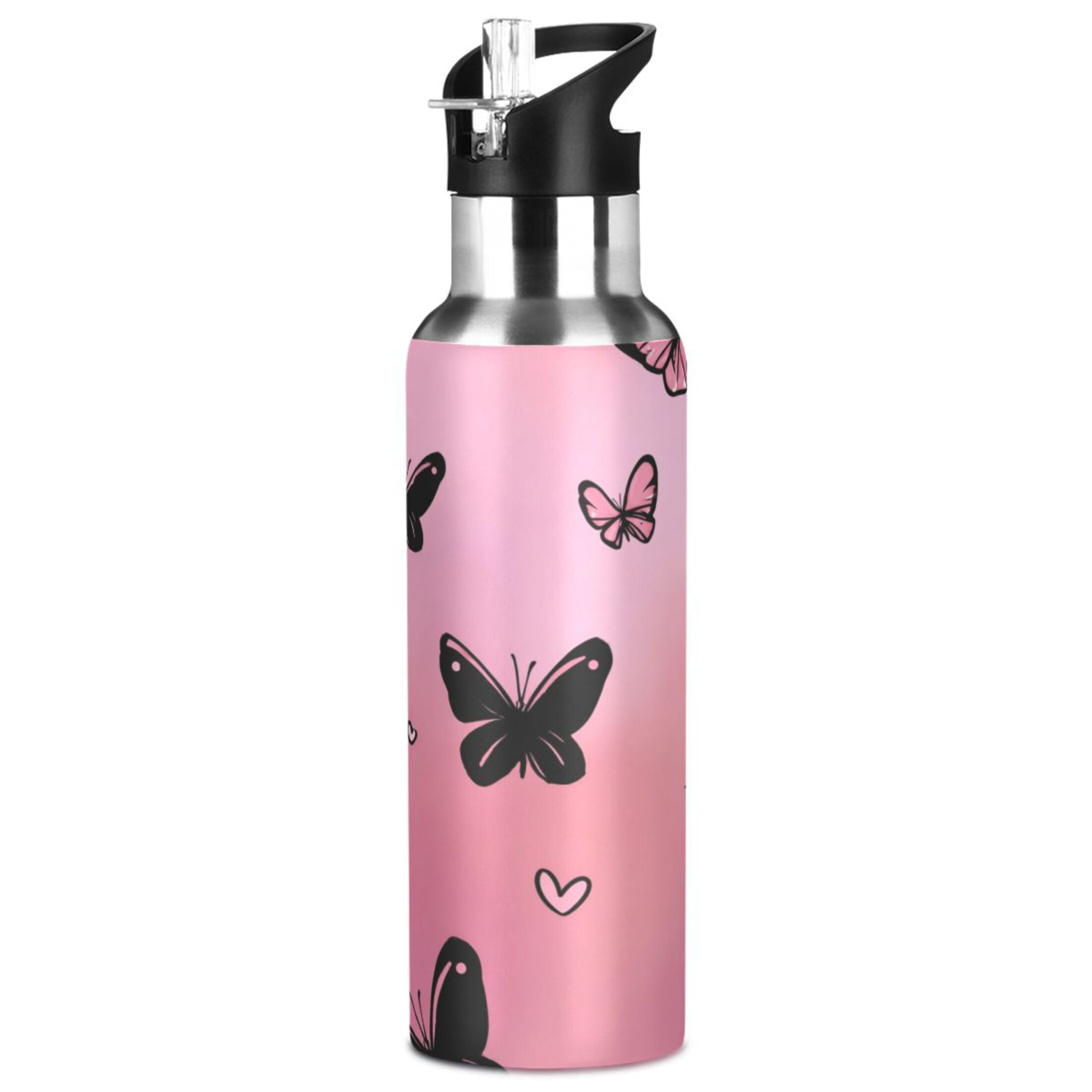 Iauyy Stainless Steel Double-Wall Vacuum Insulated Water Bottle with Straw-600ml&1000ml BPA-Free Leak-Proof for Travel Workouts Outdoor,Heart-shaped Gradient Effect