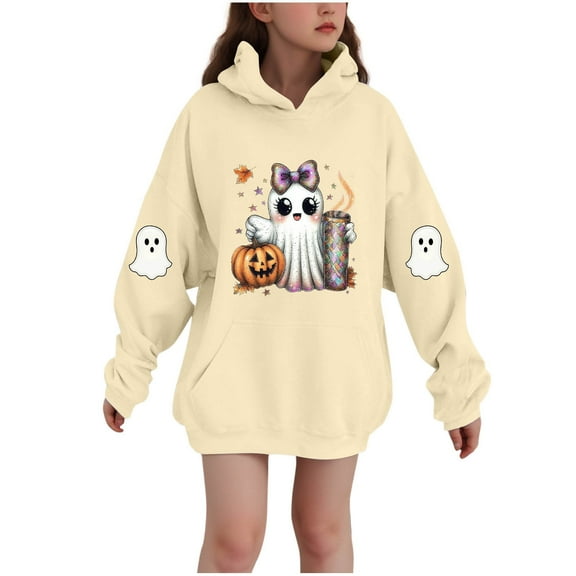 SERTG Children Halloween Printed Hooded Tops Long Sleeved Sweatshirt with Pockets Fleece Top Hooded Sweatshirt for Girls 3-14 Years(Yellow,3-4 Years)