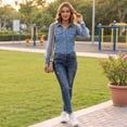 thumbnail image 7 of Domzest Women’s Vintage Faux Denim Shirt Sheer Mesh Long Sleeve Denim Tops Button Down See Through Jean Top with Chest Pocket Light Blue S, 7 of 7
