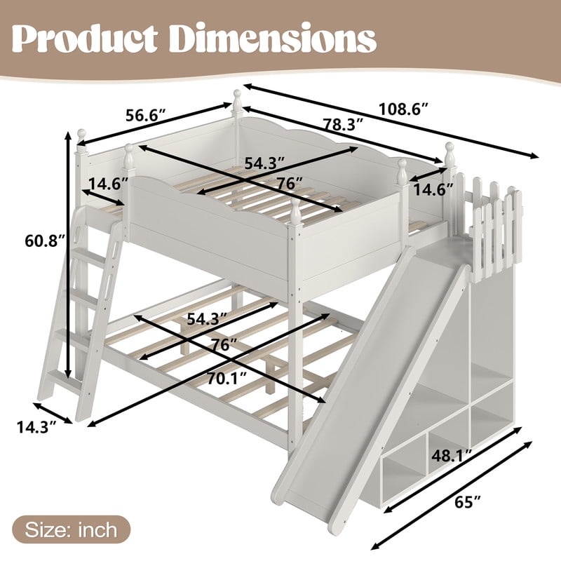 Full-Over-Full Size Kids Bunk Bed with Open Storage Shelves & Small Wardrobe, Wooden Princess Bed Frame with Ladder & Slide