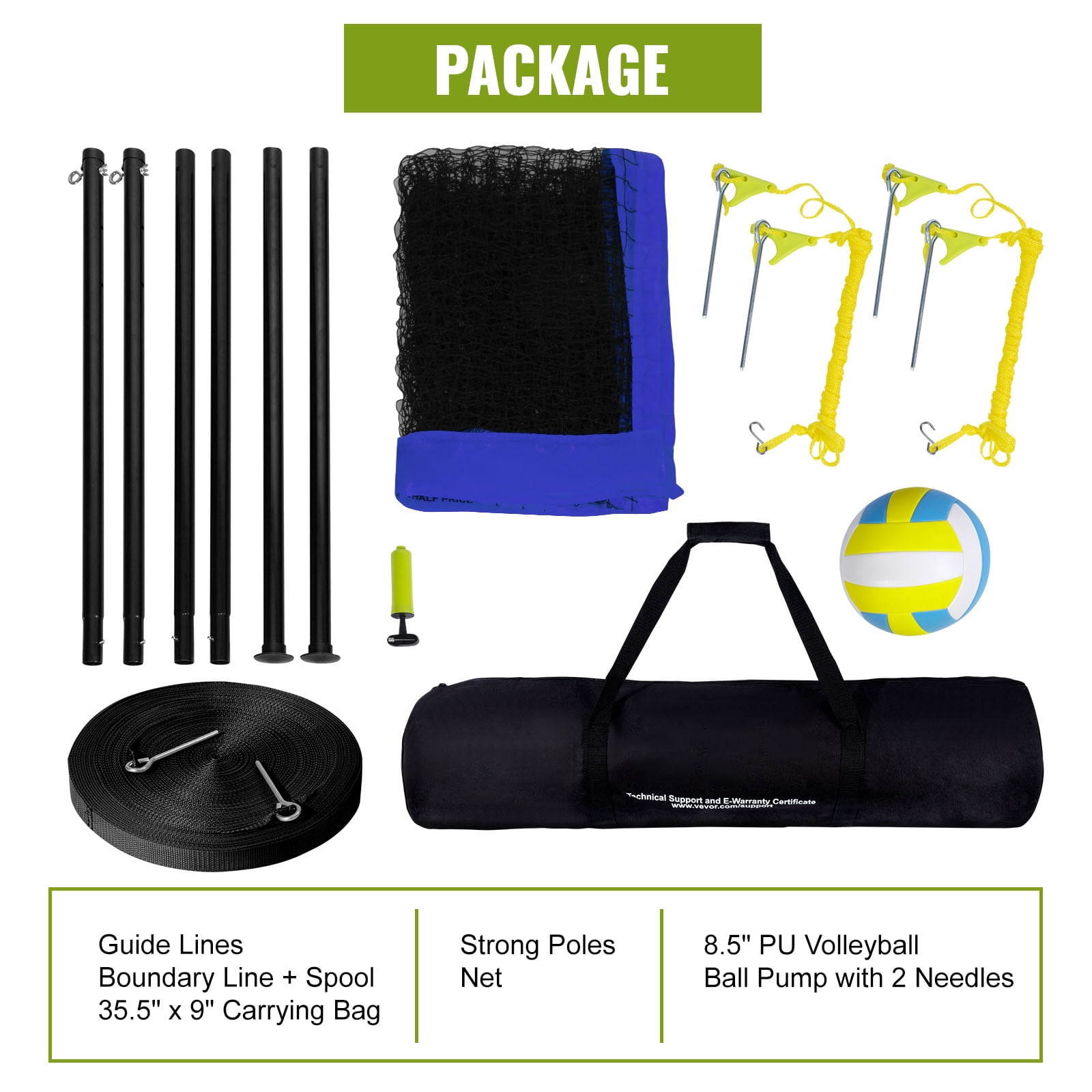 BENTISM 32ft x 3ft Portable Volleyball Net System Adjustable Height Poles with PVC Volleyball, Carrying Bag, Boundary Lines, Steel Poles & Pump for Outdoor Sports
