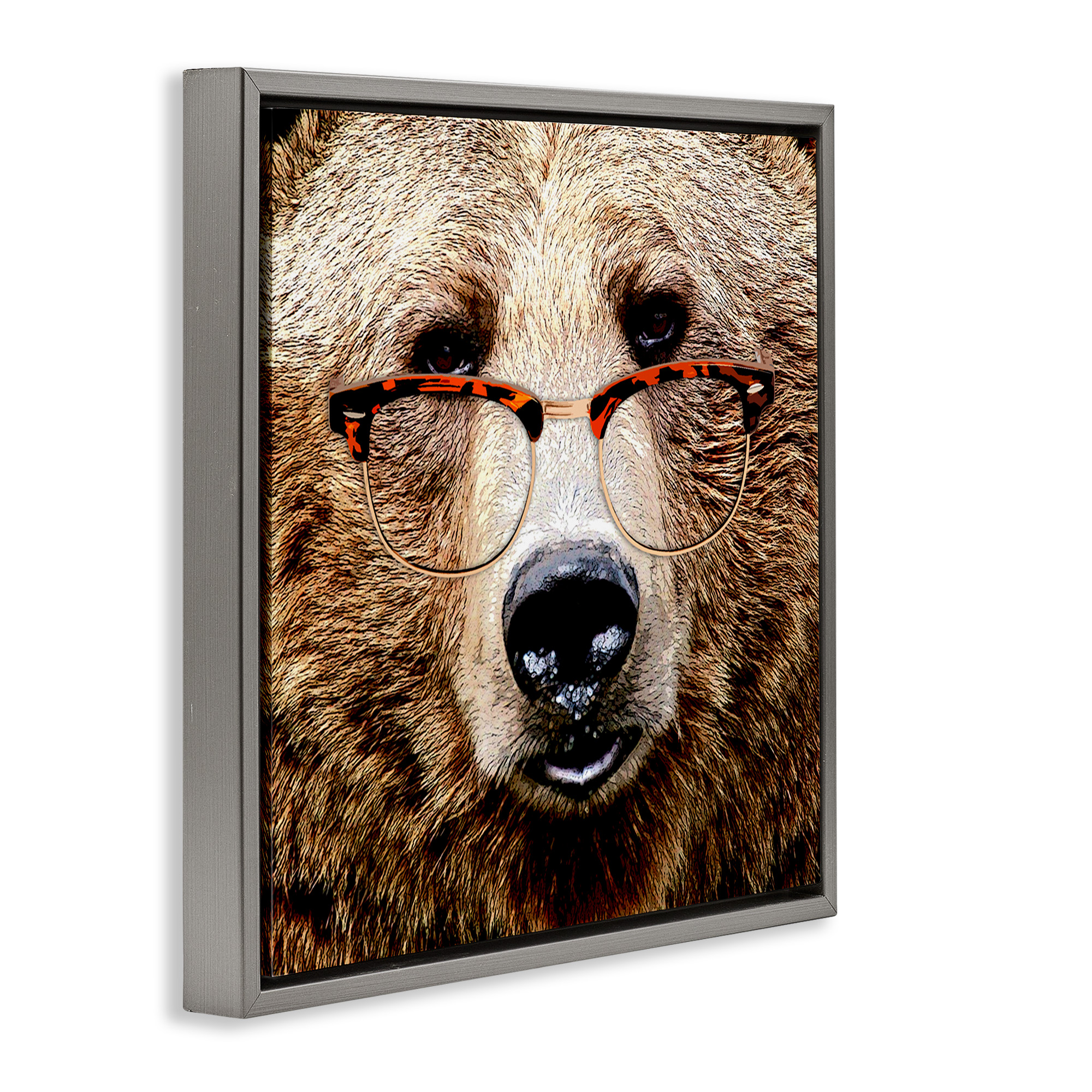 Stupell Industries Grizzly Bear with Glasses Animals & Insects Painting Gray Floater Framed Canvas Art Print Wall Art, 18 x 18