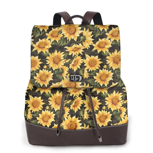 Balery Vintage Black Plaid Sunflower Mochila de Cuero para Mujeres, Gran Capacidad, Bolsa de Viaje Multifuncional, Mochila de Cuero y Bolsa de Hombro para Mujeres