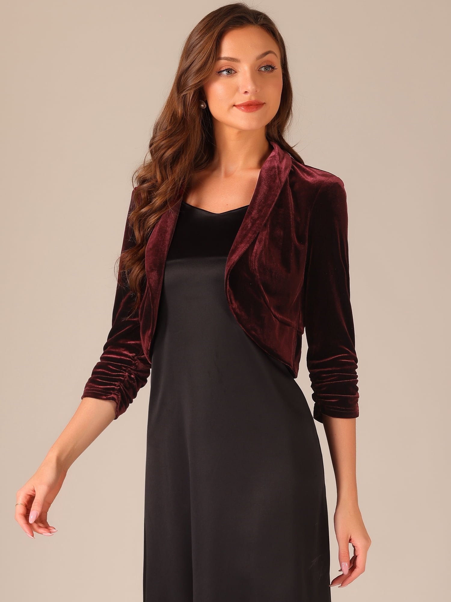 DARING DIVA Women's 3/4 Sleeve Velvet Shrug Open Front Bolero Cropped Cardigan Top S Burgundy