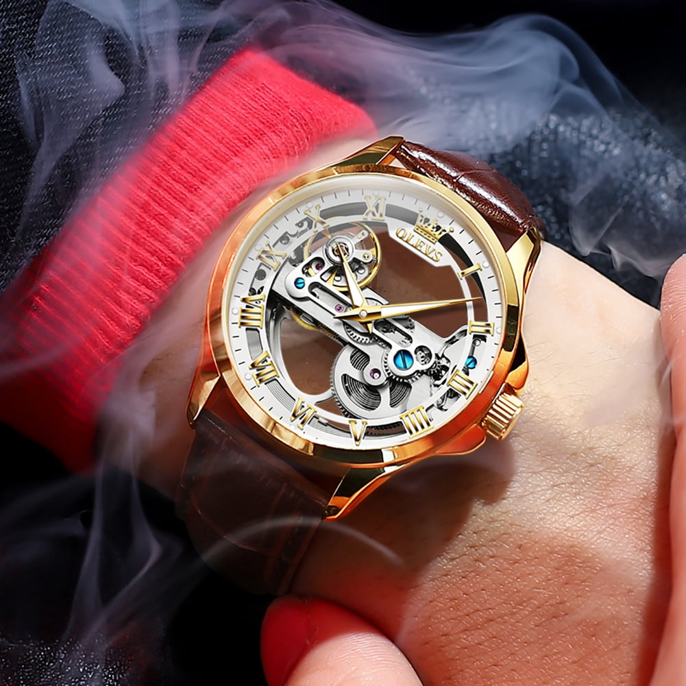 OLEVS Automatic Watches for Men Skeleton Brown Leather Band Large Face Self Winding Mechanical Mens Dress Watches Waterproof Easy to Read Luminous Business Casual Mens Wrist Watches Reloj Para Hombre