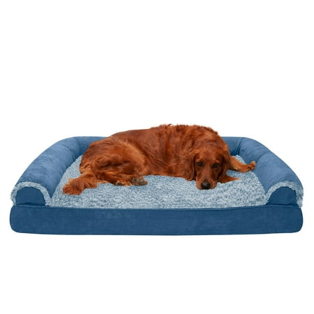 UPC: 0842229124224 | FurHaven Pet Products | Memory Foam Two-Tone Faux Fur & Suede Sofa-Style Couch Pet Bed for Dogs & Cats Marine Blue Jumbo