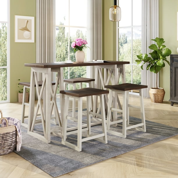 5PCS Counter Height Bar Table Set, Rustic Dining Table with 4 Dining