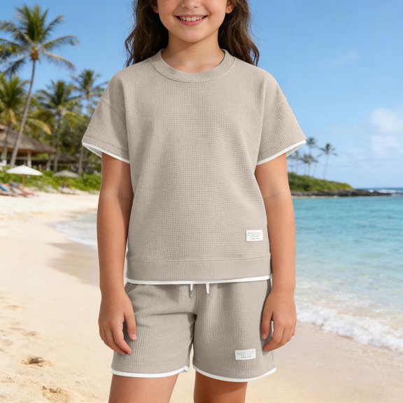 SGFCWSX Boys 2 Piece Outfits Waffle Knit Short Sleeve T-shirt and Shorts Set Summer Casual Athletic Clothes with Pockets Khaki Size 6