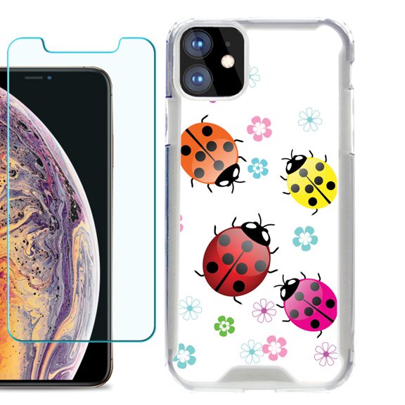 For Apple iPhone 11 Case, Hybrid Bumper Phone Case, with Tempered Glass Screen Protector, by OneToughShield ® - Ladybug