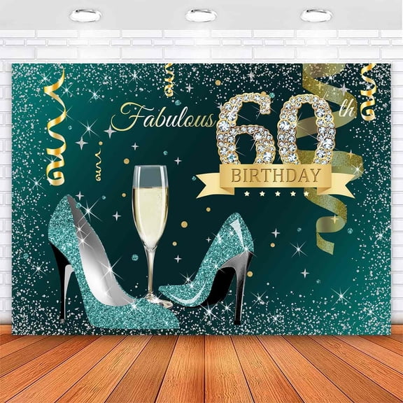 Teal Gold Happy 60th Birthday Backdrop for Women Glitter Sliver Dots Heels Champagne Glass Photography Background 60 and Fabulous Birthday Party Decorations Banner Photo Booth Props