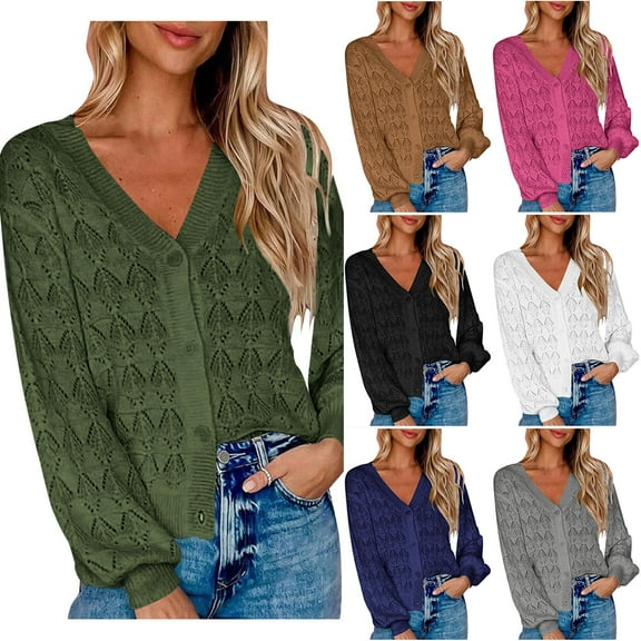 jtjvou Women's Lightweight Crochet Cropped Cardigan 2025 V Neck Long Sleeve Button up Sweater Green L