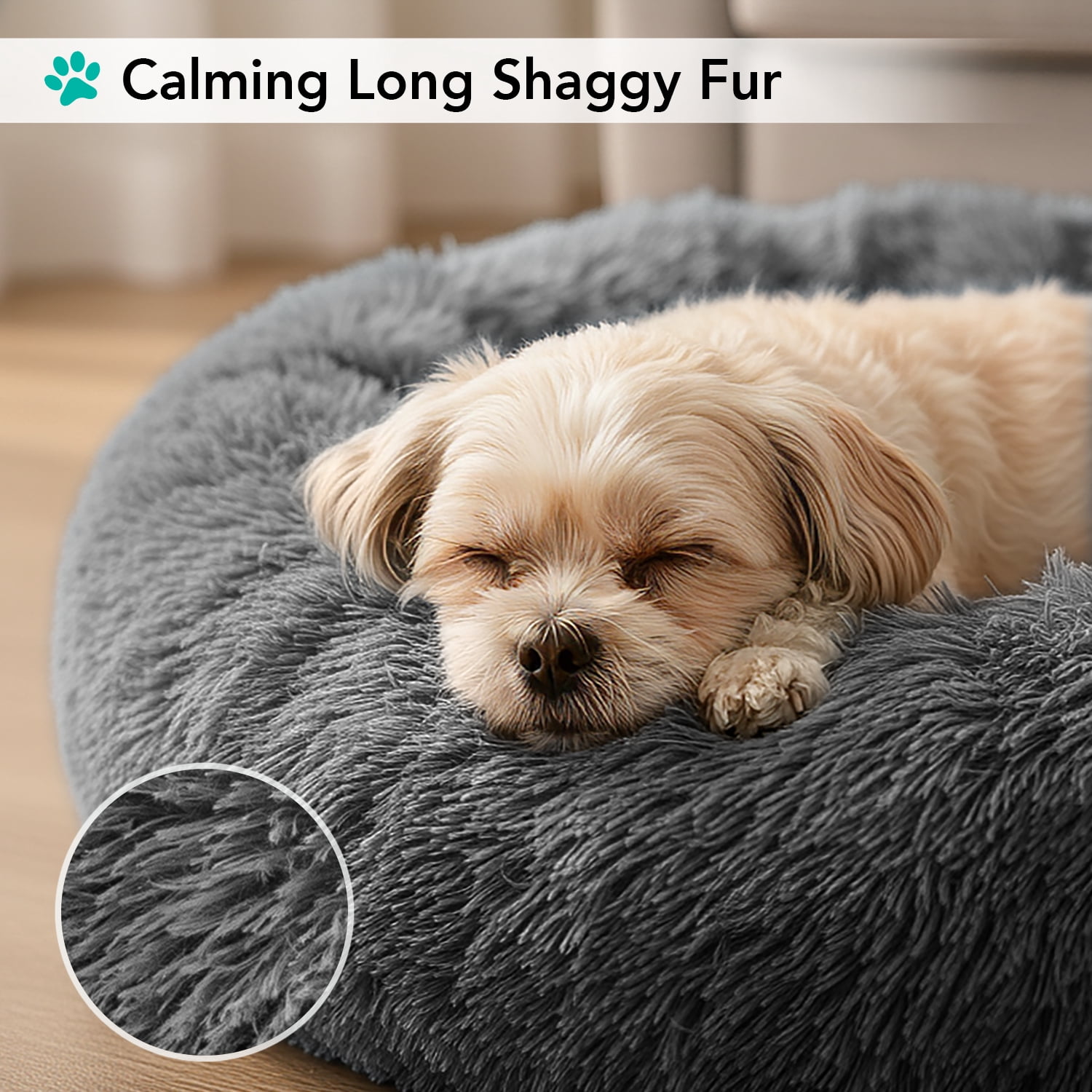 PetAmi Calming Dog Bed for Small & Medium Dogs and Cats, 30 Round Donut Dog Bed, Washable Fluffy Faux Fur Puppy & Cat Bed, Anti-Anxiety Plush Cuddler Pet Bed with Anti-Slip Bottom - Dark Gray