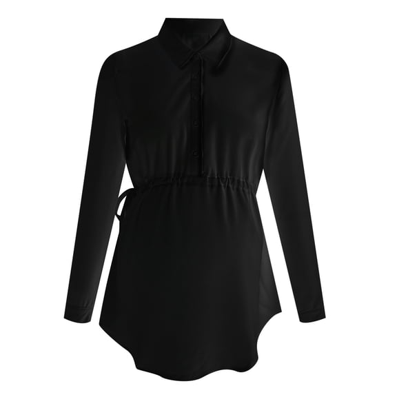 Lispipm Maternity Blouse for Women Belted Button Down Shirts Long Sleeve Spring Casual Pregnancy Tops for Ladies Work L Black