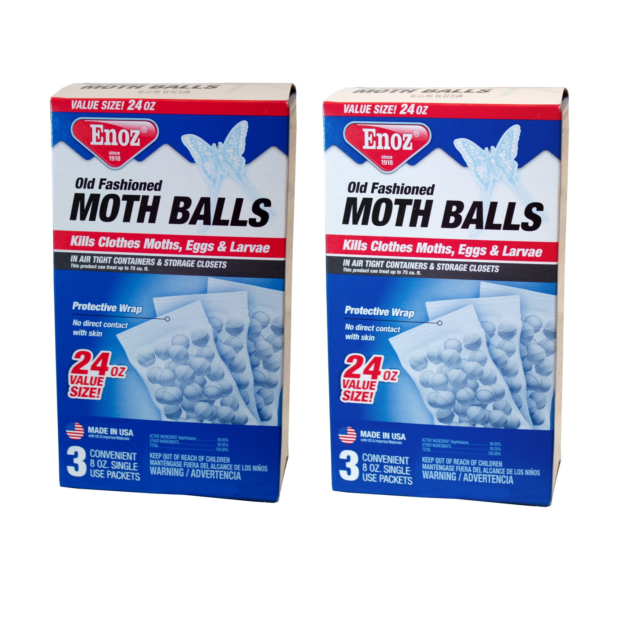 (2 Pack) Enoz Old Fashioned Moth Balls, Naphthalene, 24 oz, 3 Single Use 8 oz Packets