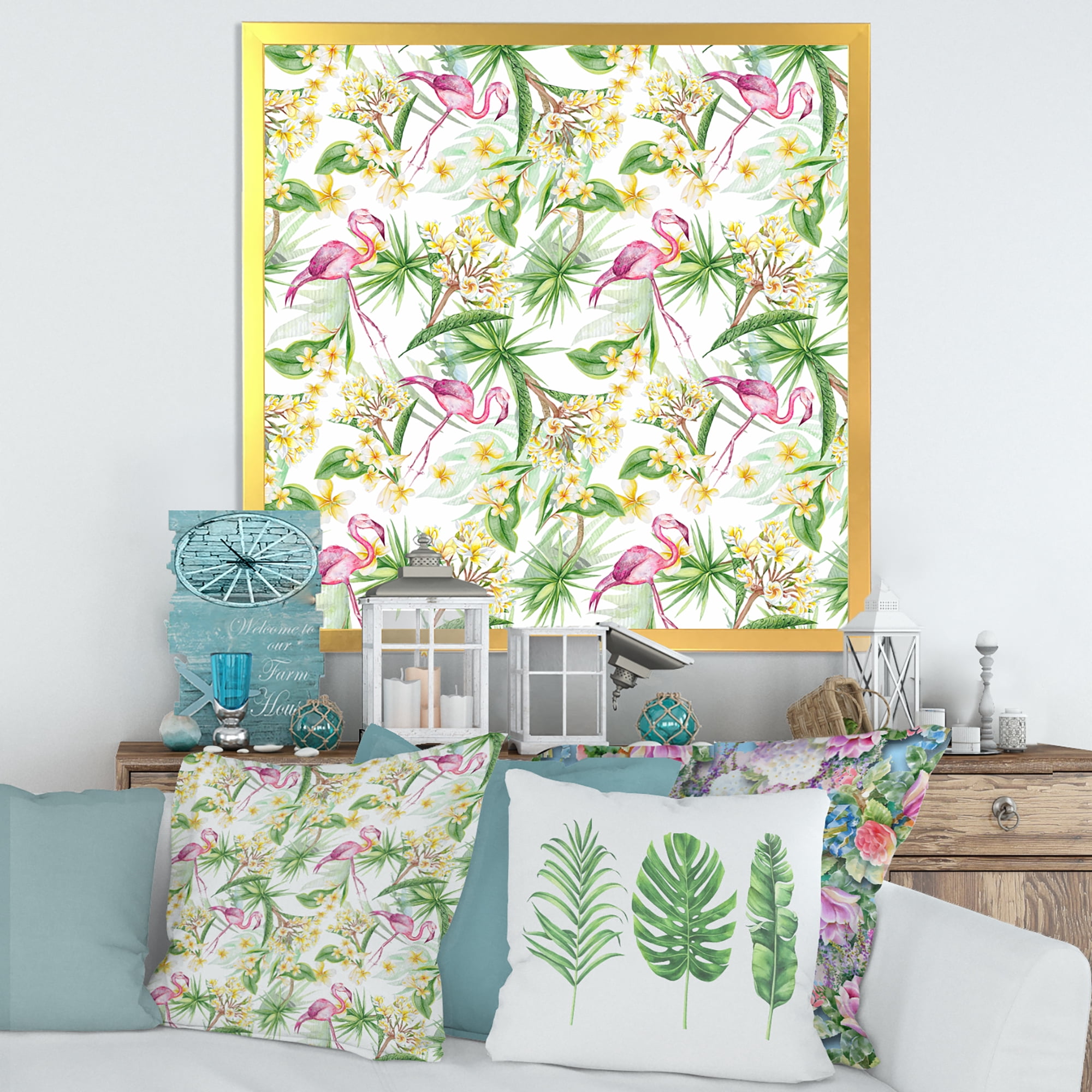 Designart 'Yellow Flowers, Tropical Foliage With Flamingo IV' Modern Framed Art Print