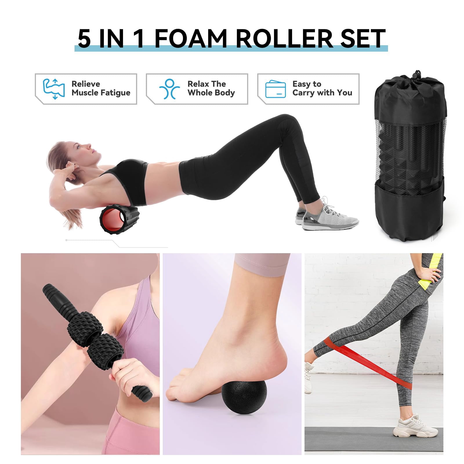 5 In 1 Foam Roller Set  High Density Fitness Exercise For Deep Tissue Massage Ball Resistance Band Whole Body(black)