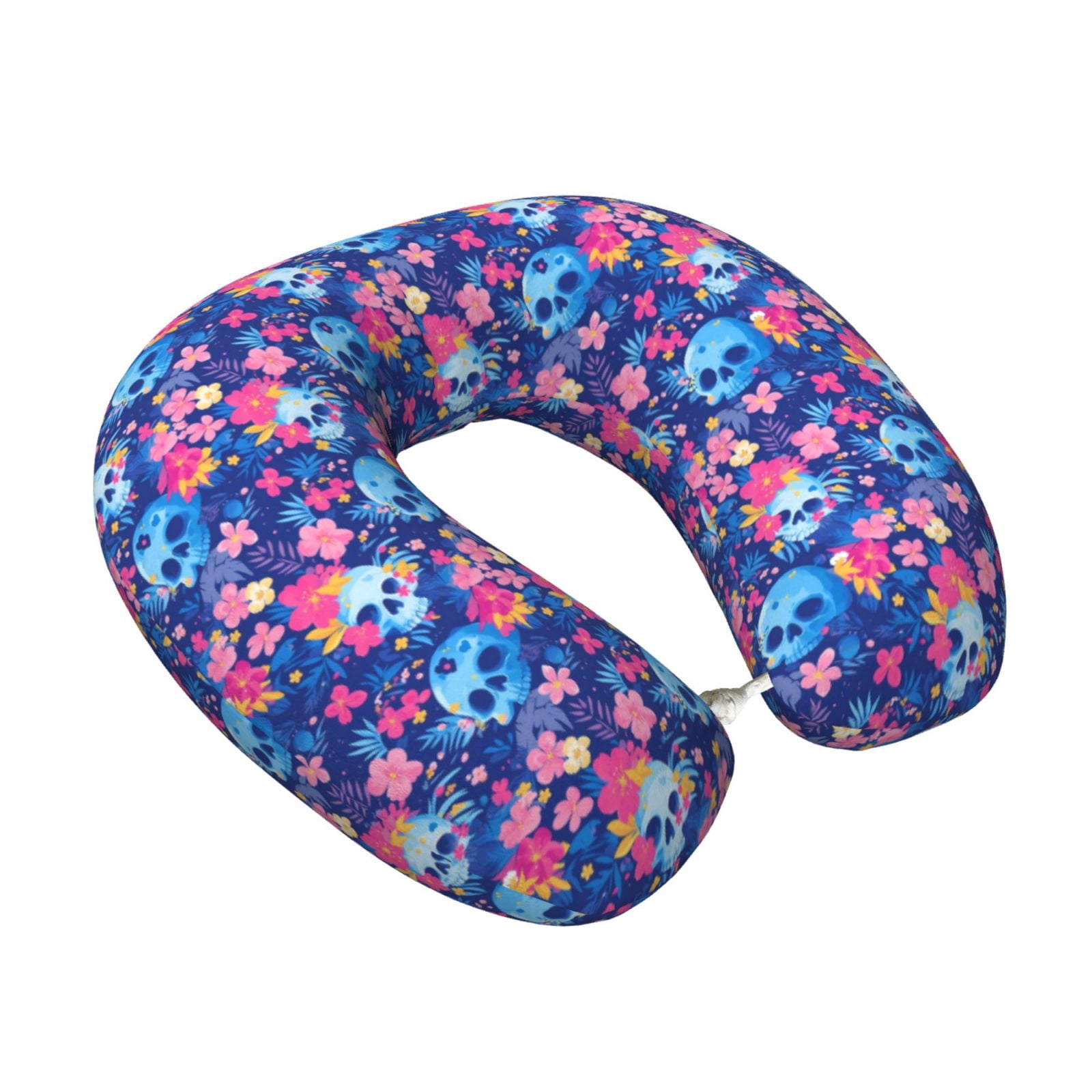 Xecao Blue Skull Flower Print Memory Foam Cervical Neck Pillow Versatile U-Shaped Pillows for Home,Office,Camping,Travelling,Soft Washable Cover