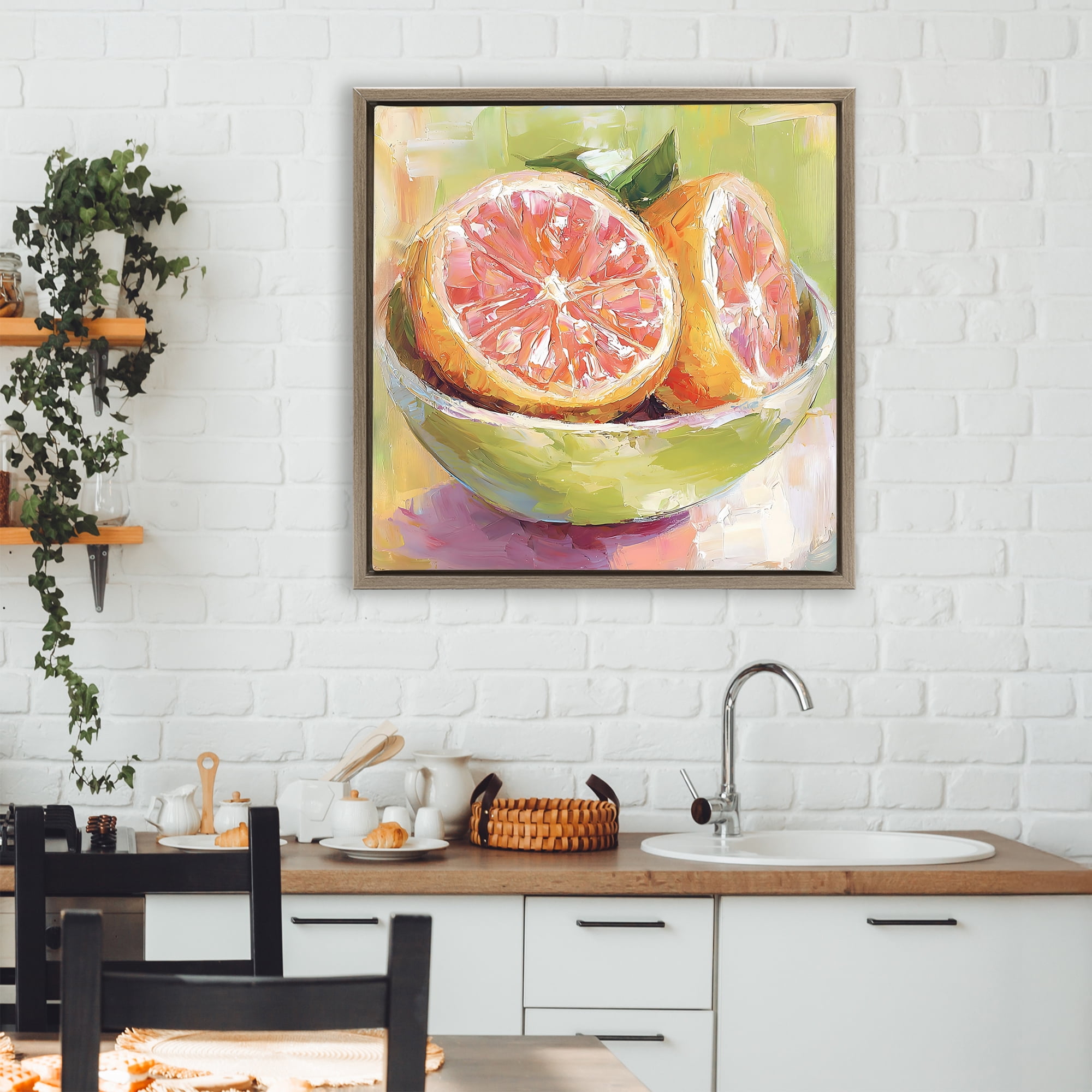 Stupell Industries Sliced Grapefruit in Bowl Brown Framed Floater Canvas Wall Art, design by Riley B