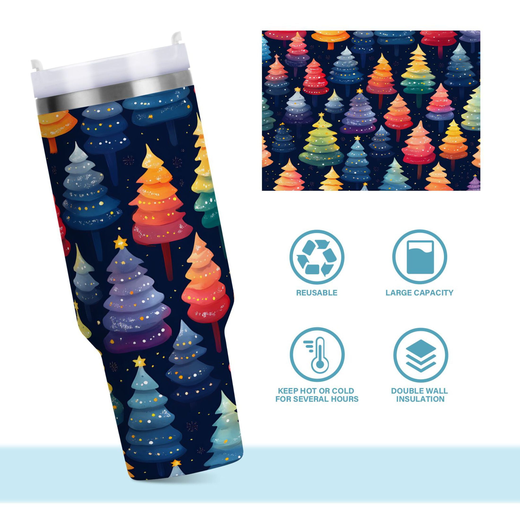 Colorful Christmas Tree Tumbler with Handle and Straw Lid 40 oz Insulated Vacuum Water Bottle Stainless Steel Travel Cup