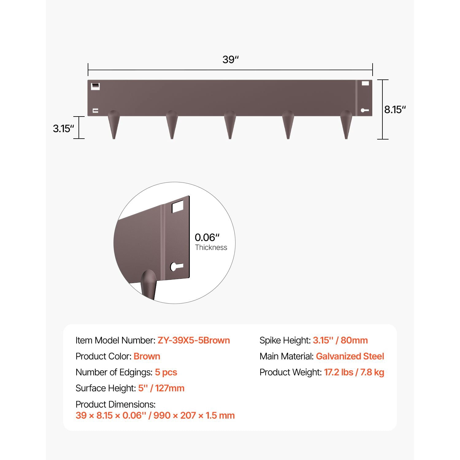 5 Pack Steel Landscape Edging, 39 x 5 Inch Rust Resistant Bendable Metal Garden Border, Heavy Duty Brown Lawn Edging, Easy Install Yard Divider for Flower Bed and Pathway