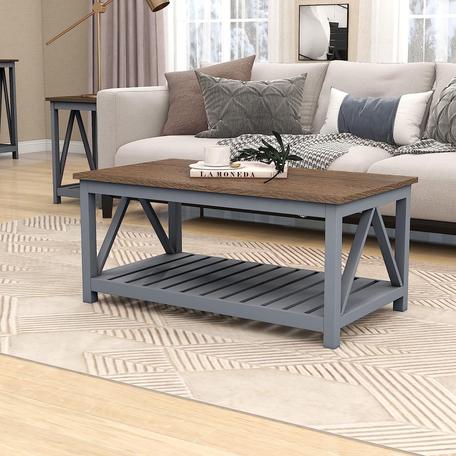 Farmhouse Coffee Table Rustic Vintage Living Room Table with Shelf 40 White