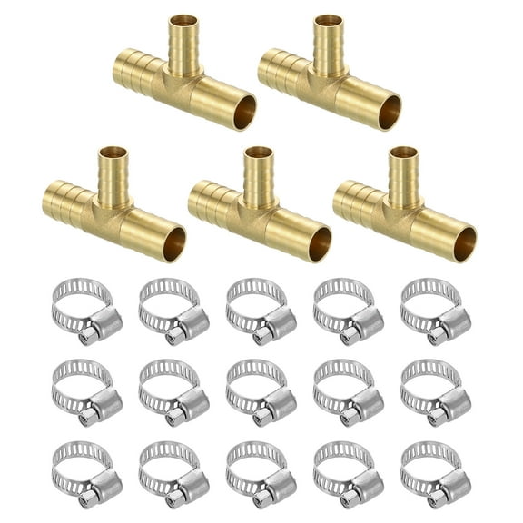5pack Brass Tee Barb Fittings, 3-Ways Tee 5/8" x 1/2" x 5/8" Barbed, with 15pack Hose Clamps