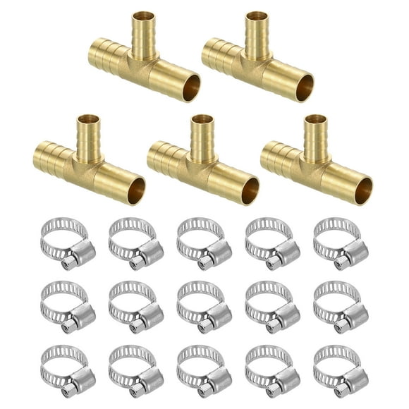 5pack Brass Hose Barb Fittings, 3-Way Tee 5/8" Barbed x 1/2" Barbed x 5/8" Barbed, with 15pack Hose Clamps