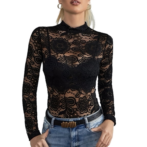 Womens Mesh Top Long Sleeve Mock Neck Sheer Blouse See Through Floral Lace Tops Black L
