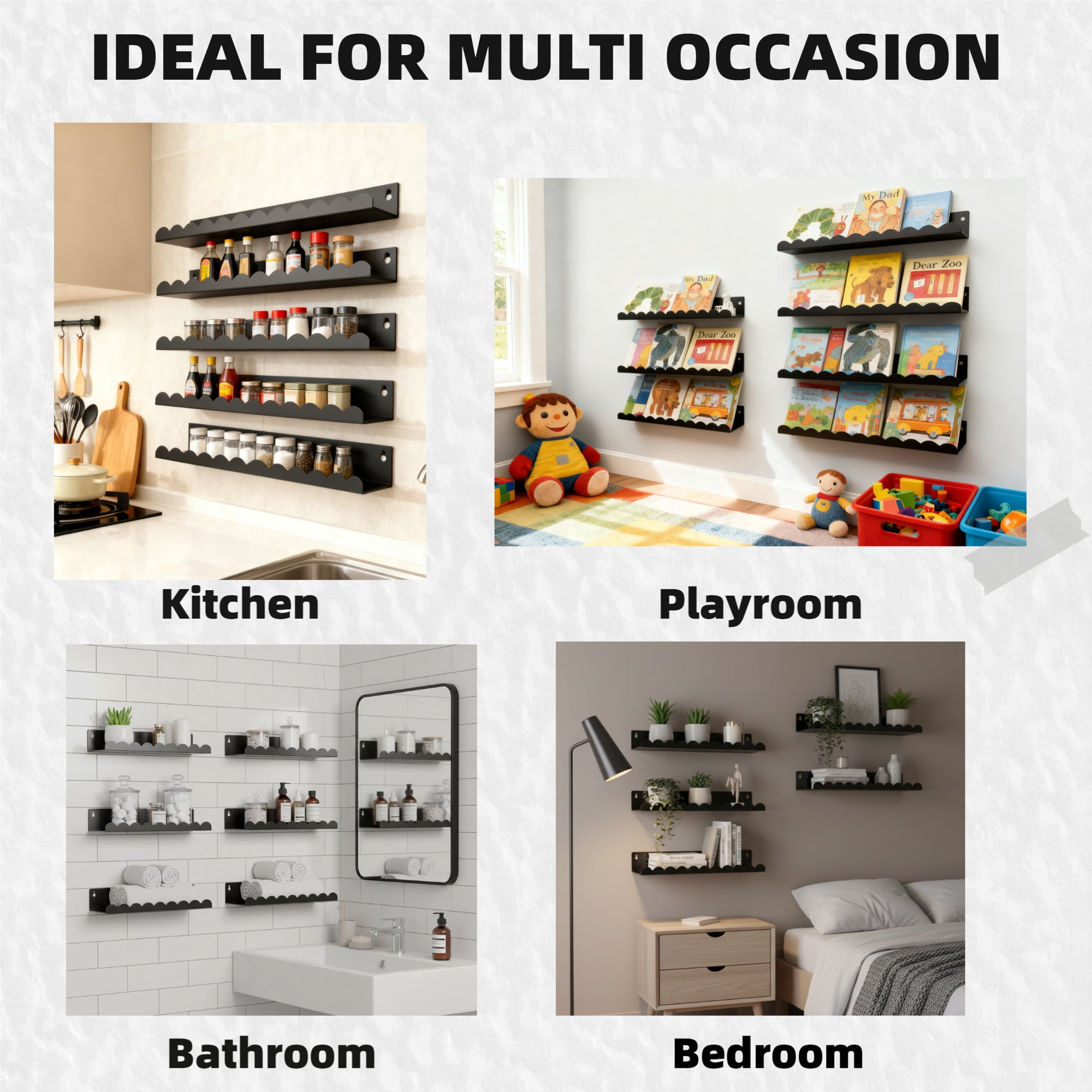 6-Piece Black Metal Floating Shelves, 16" Modern Wall  Nursery Bookshelf Display Organizer for Living Room, Office, Bathroom, Bedroom, Kid's Playroom Wall Decor
