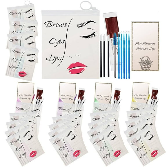 PMU and Microblading Aftercare Kit [25 pack] includes 125 Microbrush Applicators, 75 Lip Brushes, 25 Eyelash Mascara Brushes, 25 Microblading Aftercare Instruction Cards and 25 Vitamin A&D Repair Gel