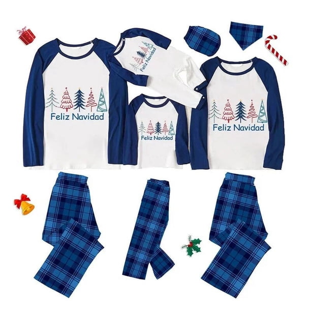 Pijama familiar a juego de Navidad, hermoso árbol, azul