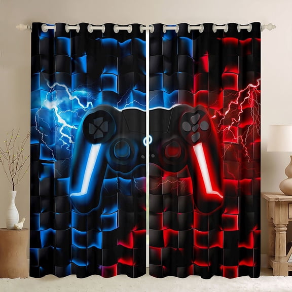 Homewish Glowing Neon Gaming Controller Kitchen Curtains,Game Pad Theme Black Out Curtains Pack of 2 (42x63 Each),Blue Red