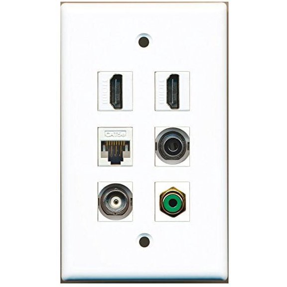 RiteAV - 2 HDMI 1 Port RCA Green 1 Port 3.5mm 1 Port BNC 1 Port Cat5e Ethernet White Wall Plate