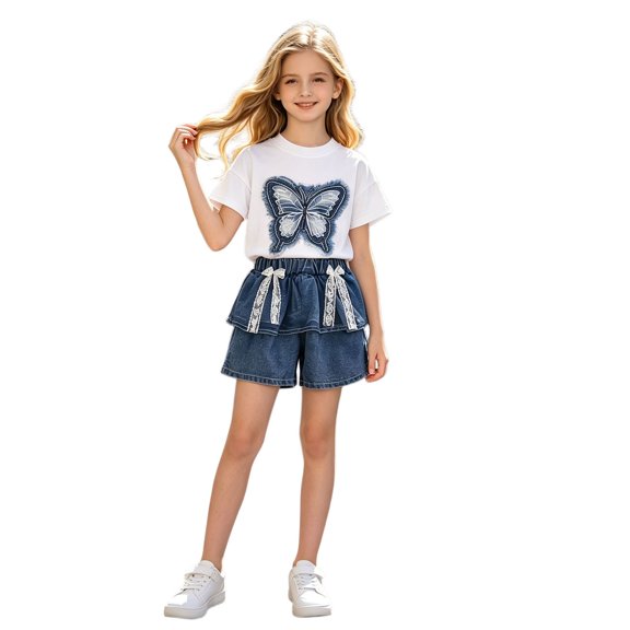 Shadoumai Girls Embroidered Short Sleeve Top Denim Shorts Summer Outfit Bow Cute Details Casual Playful Ensemble For Toddler Kid Back to School Outfits